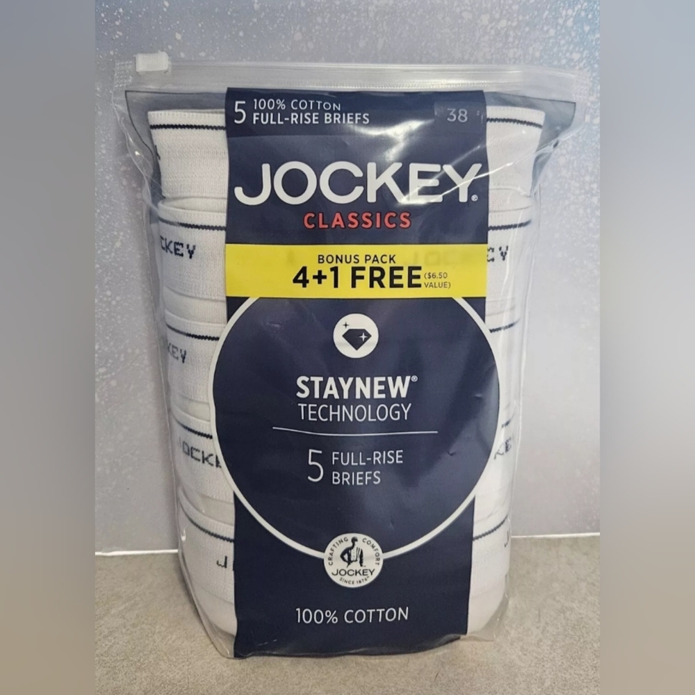 Jockey Classics 5 Full Rise Cotton White Briefs Size 38 with Staycool Technology